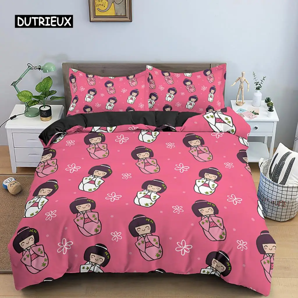 Japanese Doll Duvet Cover Set King Wearing Kimono Doll Sakura Pattern Bedding Set Microfiber Japanese Kawaii Style Quilt Cover