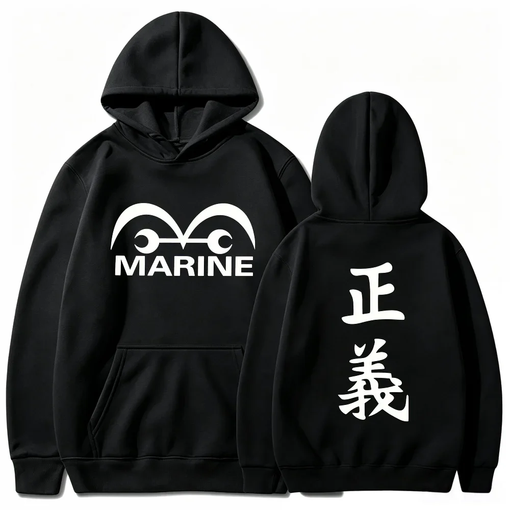 One Piece Marine Justice Hoodie Anime Double Sided Graphic Print Men Women Casual Long Sleeve Pullover Sweatshirt