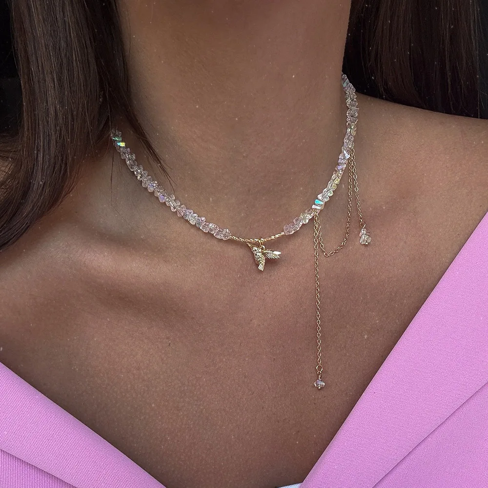 Elegant Multilayer Tassel Chain Bird Pendant Necklace For Women Vintage Creative Transparent Crystal Chocker Necklace Wedding Je