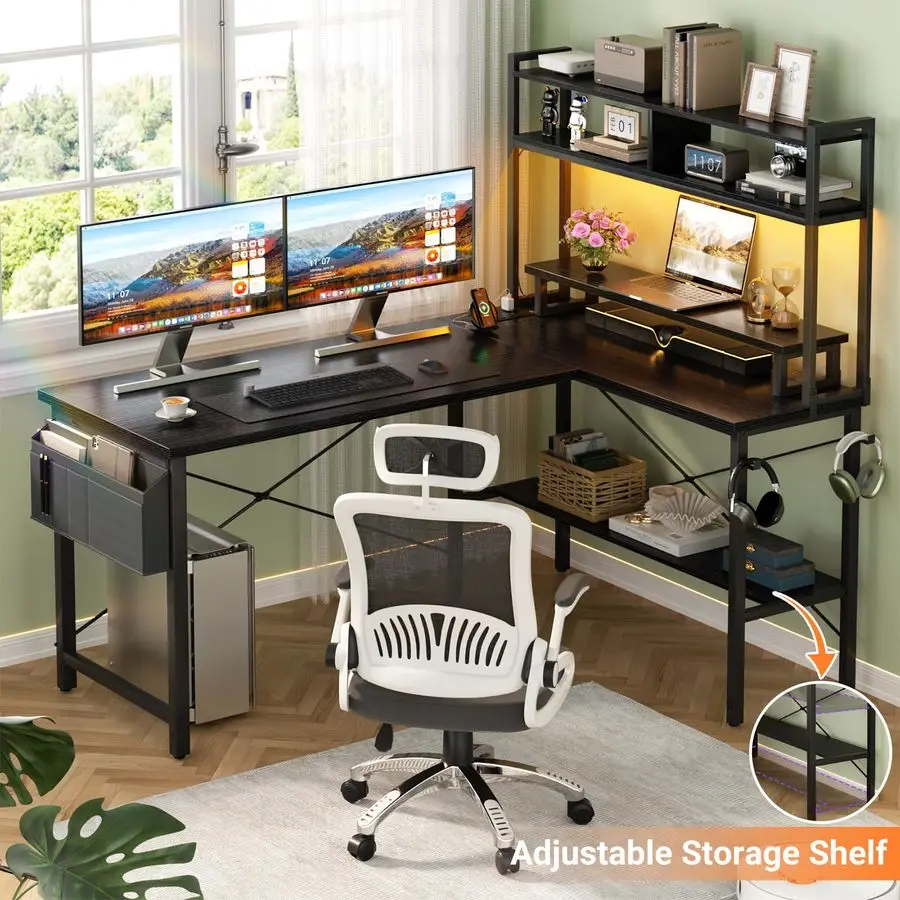 

L Shaped Gaming Desk with Power Outlets amp LED Lights, Small L Shaped Desk Computer Corner Desk with Monitor Stand amp Storage