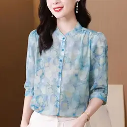 Elegant Fragmented Chiffon Single-breasted Shirt Women's 3/4 Sleeve Summer New Loose and Slim Shirt Covering Top Small Shirt