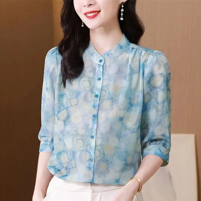 Elegant Fragmented Chiffon Single-breasted Shirt Women's 3/4 Sleeve Summer New Loose and Slim Shirt Covering Top Small Shirt