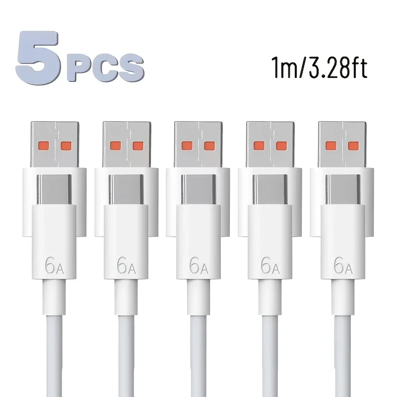 1M/3.3FT White USB to Type-C Cable Fast Charging 6A/60W High-Speed Data Transfer Compatible with OPPO Huawei Redmi Honor Phones Computers Tablets