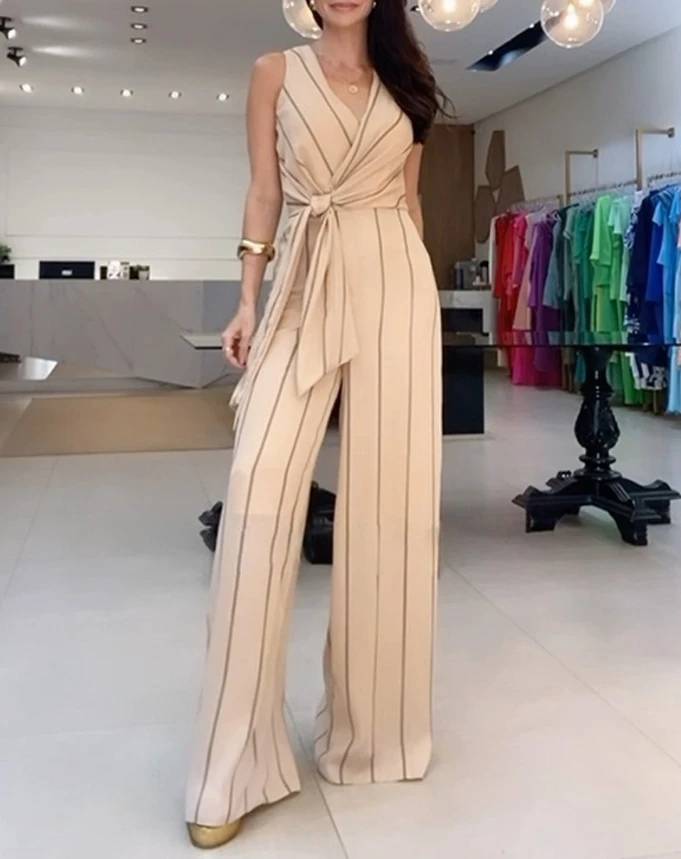 

Elegant Jumpsuit for Women 2024 Sleeveless Striped Tied Detail Lace Up Bandage High Waist Wide Leg Slim Overalls Office Lady