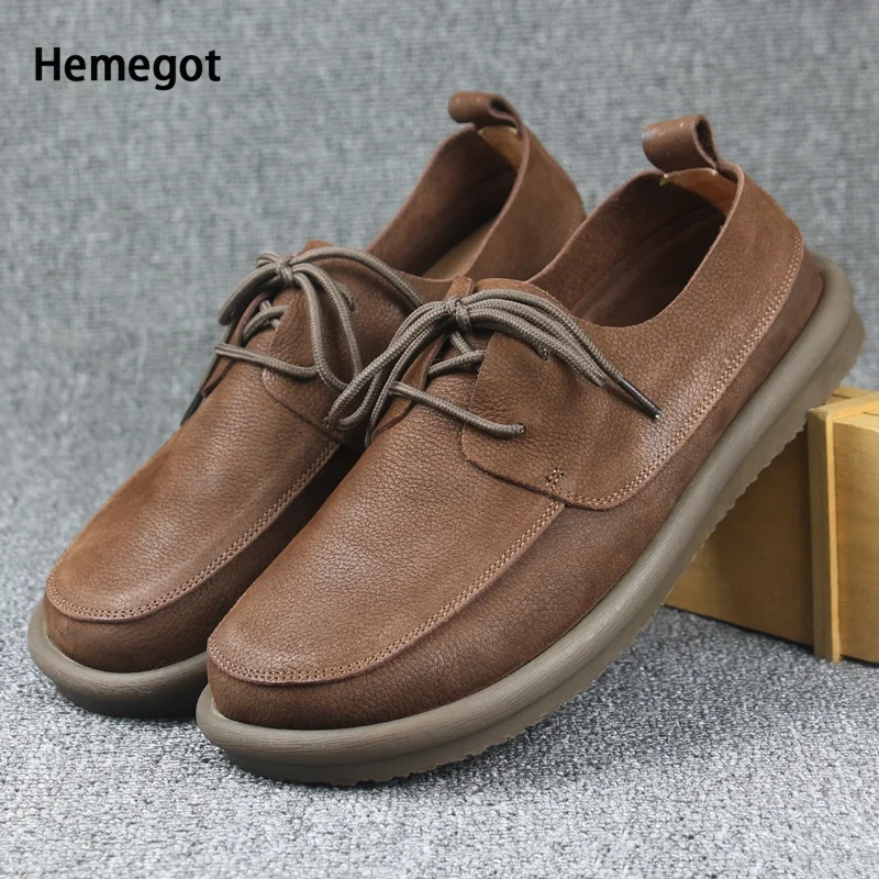 Spring Retro Lace-Up Men's Leather Casual Shoes Soft-Sided Thick-Soled Board Shoes Round-Toed Breathable Leather Shoes Loafers