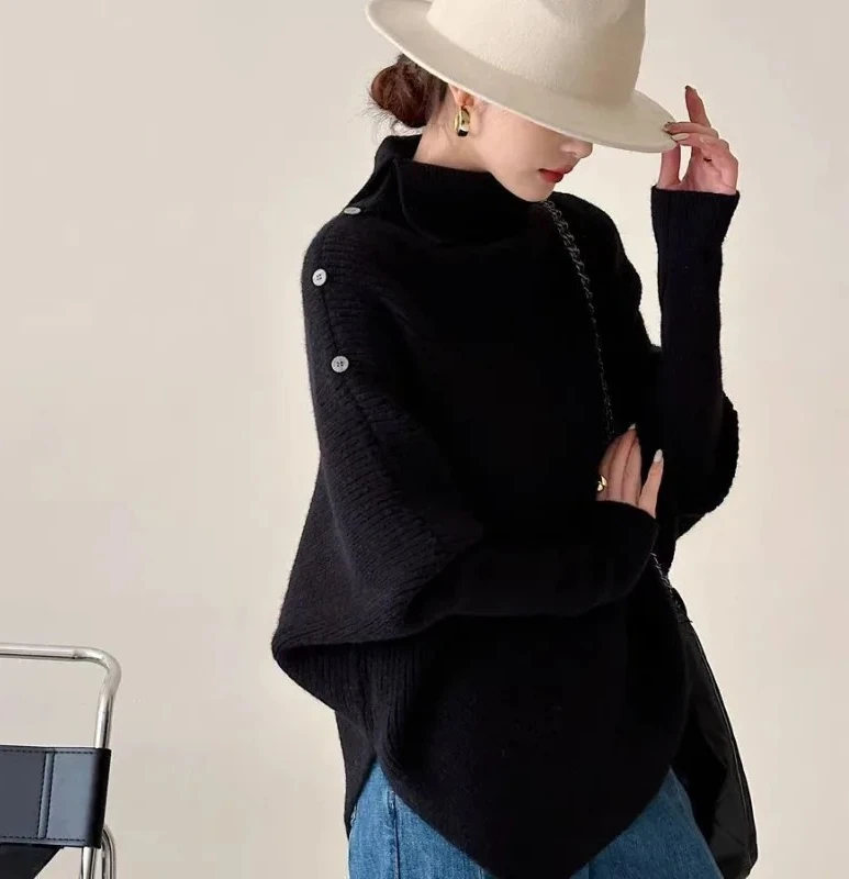 

Женский свитер с рукавами «летучая мышь», элегантный, с высоким воротом, асимметричный дизайн, однотонный, осенне-зимний, модный, шикарный, вязаный топ