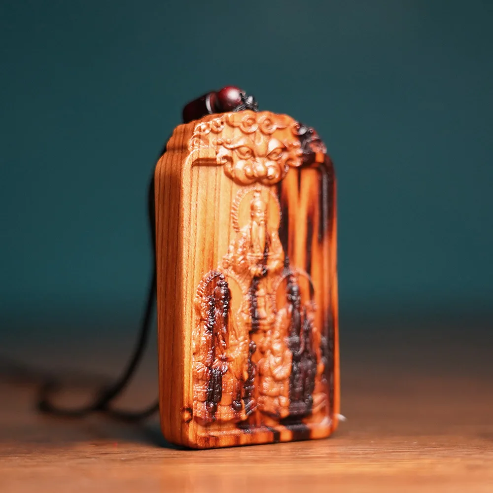 Chinese Style Thunder Struck Peach Wood Three Pure Ones Pendant Double Sided Fine Carved Good Luck Blessing Peace Amulet Necklac