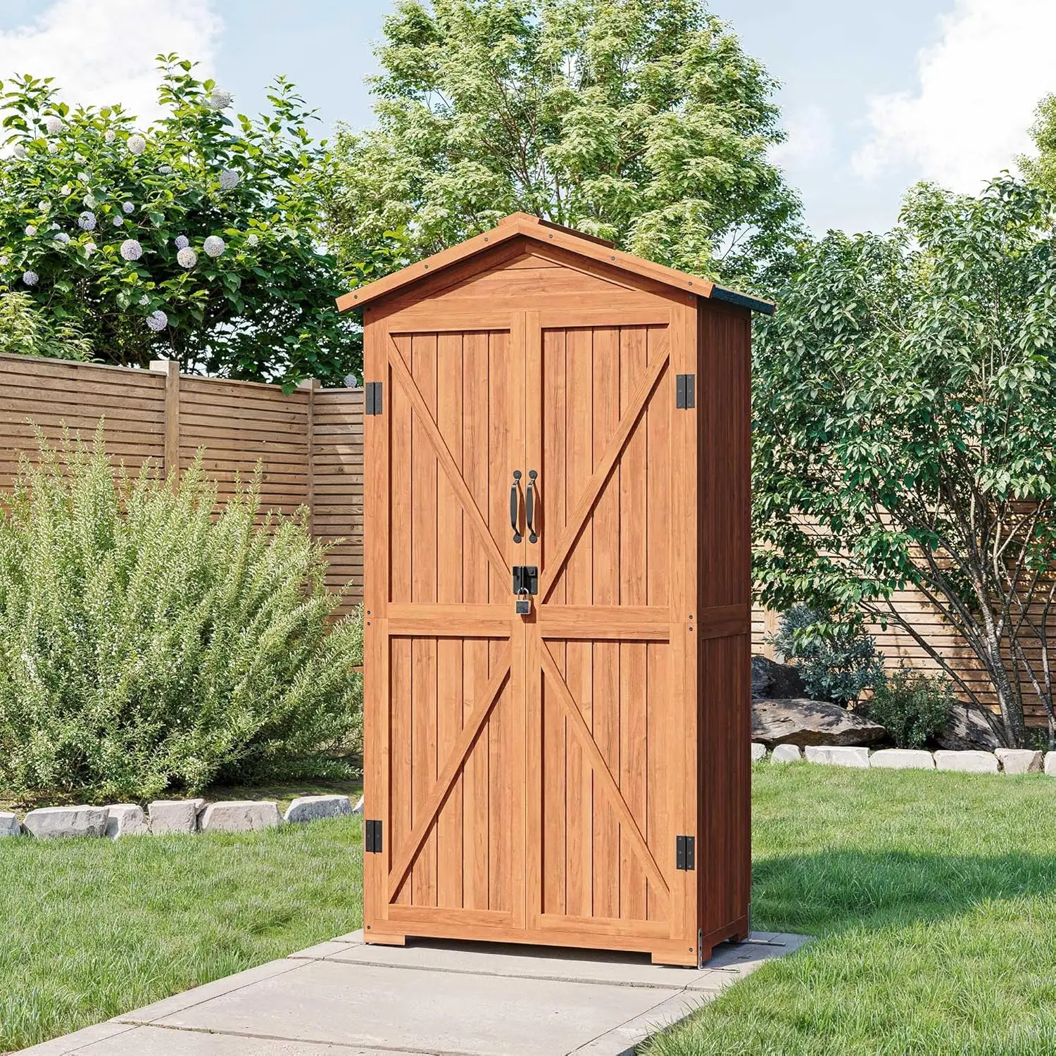 Outdoor Storage Shed with 4 Removeable Shelves, Wooden Garden Shed Lockable Tool Cabinet with Waterproof Roof, Outside Tall