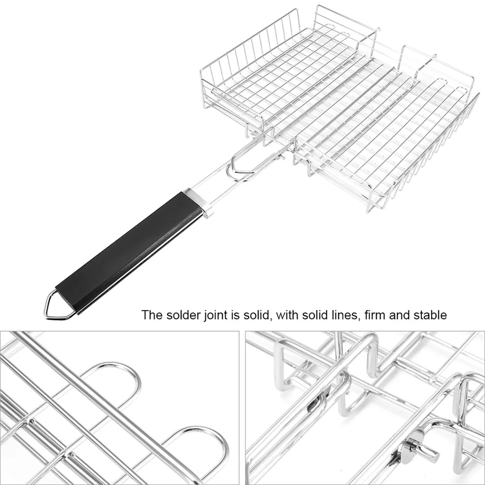 Stainless Steel Grill Basket Black Long Removable Wooden Handle Barbecue Rack Foldable Heat Resistant BBQ Clamp Camping Cookout