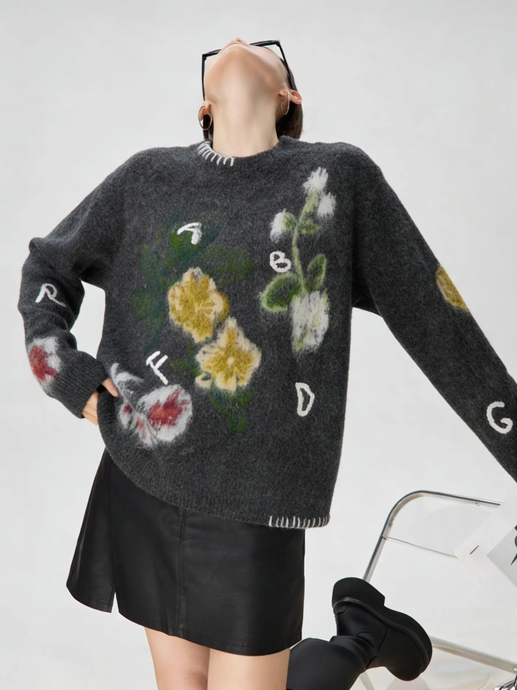 

Deep ey Floral Embroidery Knitted Sweater round Ne Pullover Women's Loose Fit Color Blo Design Winter Long Sve Top