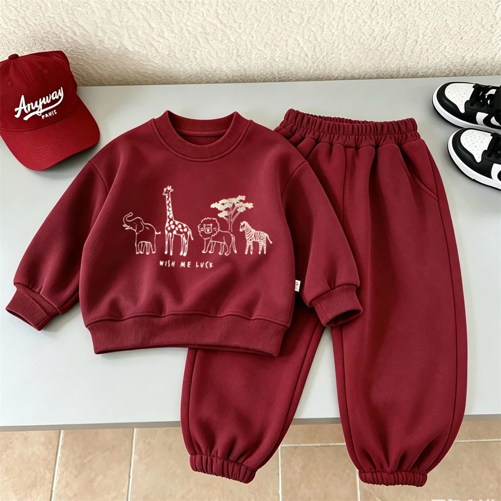 Cartoon Animals Print Sweatshirts Solid Color Pants 2pcs Casual Hoodie Loose Pants Kids New Design Spring Autumn Clothing