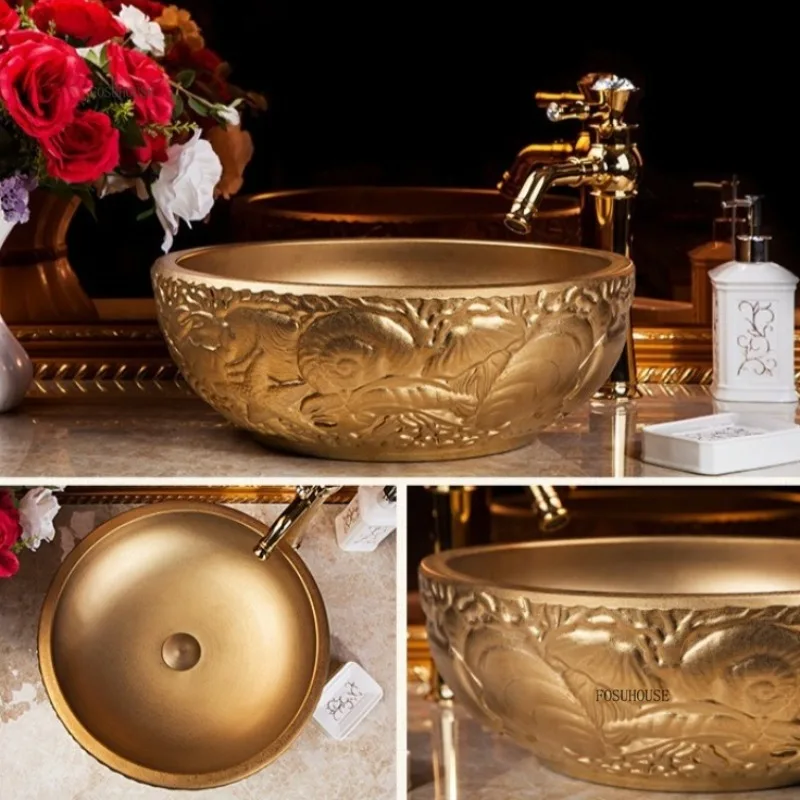 Luxury Golden Bathroom Sinks European Ceramic Washbasin for Bathroom Art Carving Washing Basin Hotel Home Balcony Gold Sink