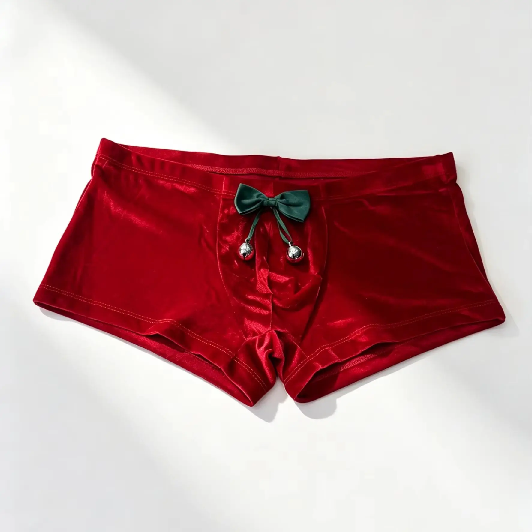 【Customized for Christmas】1Pc Men's High-Quality Velvet Sexy Underwear, Featuring Bowknot and Bell Christmas Design