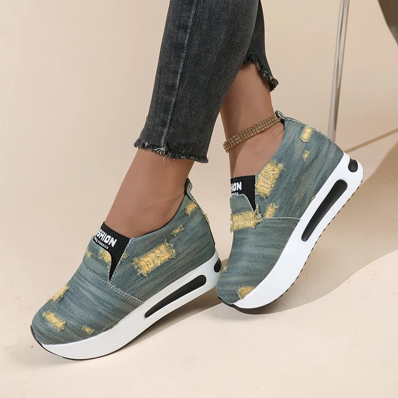 Denim fabric Wedge Loafers Shoes for Women 2024 New Height Increasing Platform Sneakers Woman Lightweight Slip On Casual Shoes