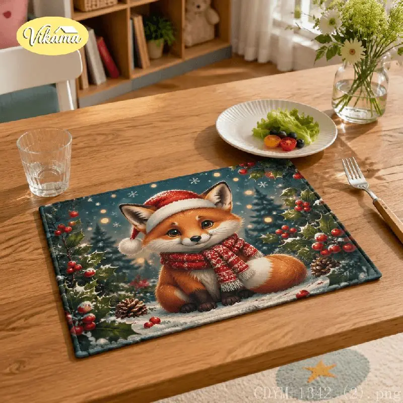 VIKAMA Christmas Fox Placemat Winter Scene Snowflake Table Mat Dining Kitchen Holiday Home Decor Aesthetic Art Large Premium