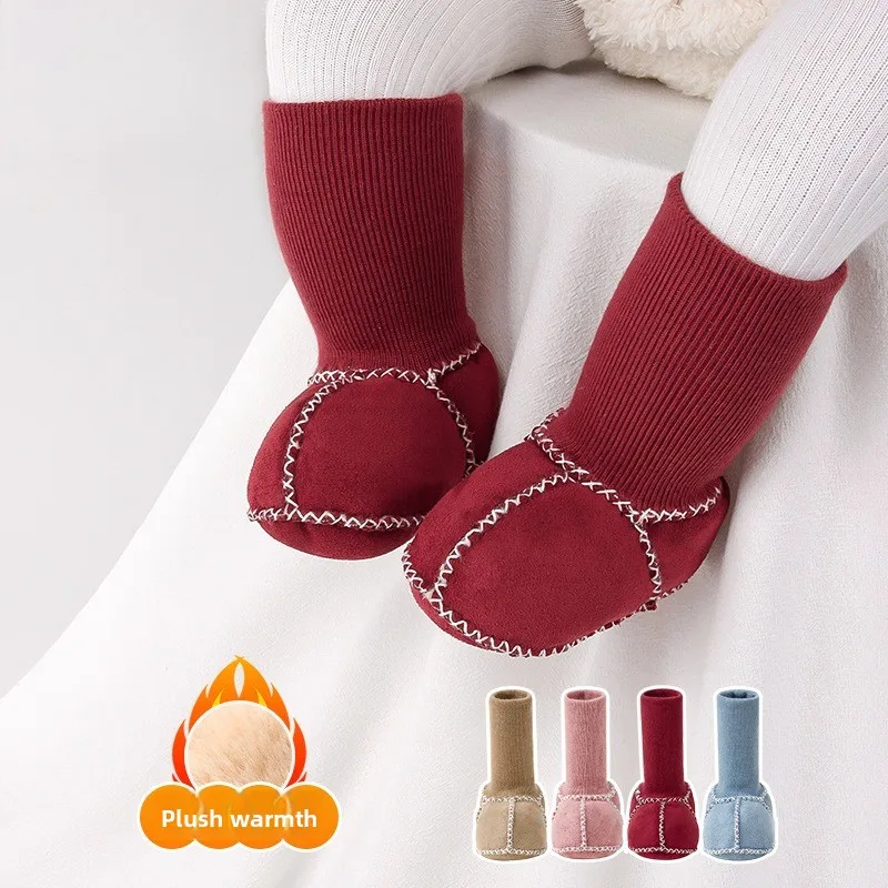 مشوا لأول مرة للأطفال، أحذية شتوية دافئة من القطيفة مع فرو من جلد الغنم الأصلي، نعل غير قابل للانزلاق للجنسين للرضع والأطفال الصغار #6