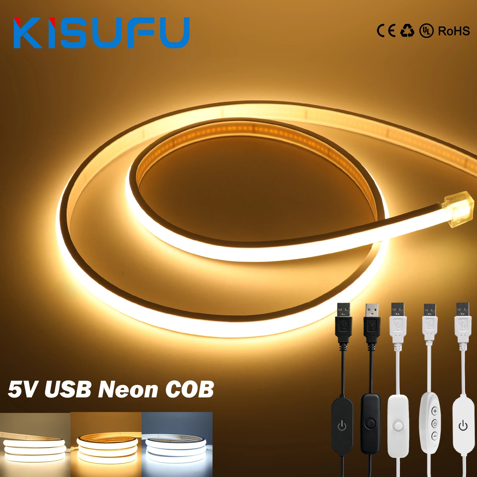 5v USB COB LED Strip Dimmer Switch Touch Dimmable Flexible Ribbon Tape 3000K 4000K 6000K 320LEDs/M Kitchen Cabinet Night Lights