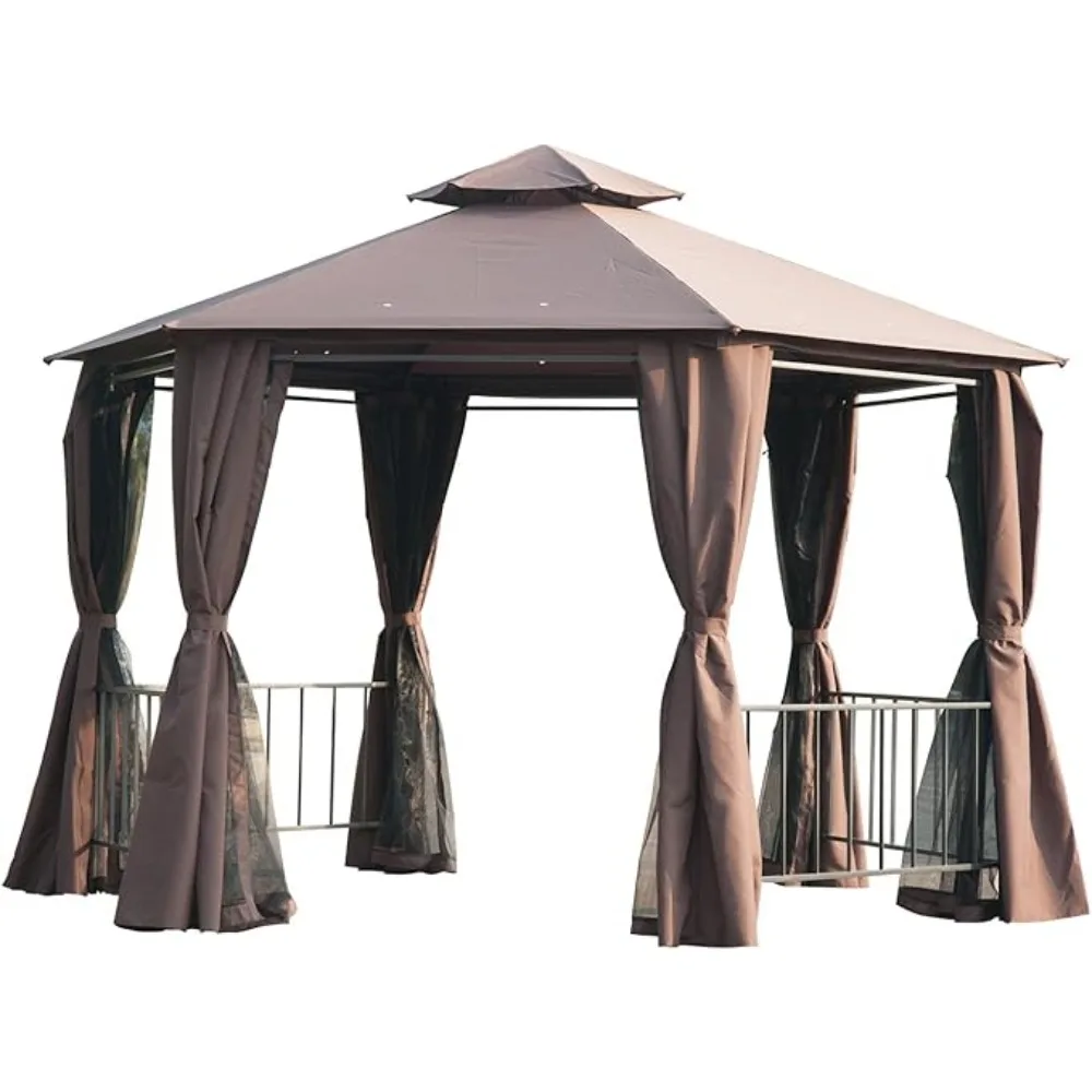 

13' x 13' Patio Gazebo, Double Roof Hexagon Outdoor Gazebo Canopy Shelter with Netting & Curtains, Solid Steel Frame for Garden