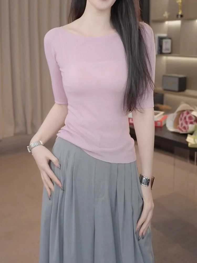 

Летний трикотаж Slim Fit ort Sve Overhead Женский удобный удобный для кожи однотонный простой корейский трикотаж для поездок на работу...