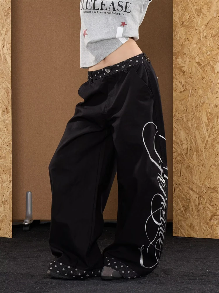 Women's Alphabet Print Pattern Wide Leg Sweatpants Hiphop Trousers Cool Girl Street Bottoms Female High Waist Casual Black Pants