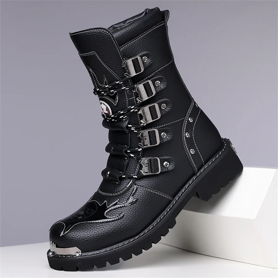 British Style Low Heel Men's Long Motorcycle Boots Men Comfortable Lace Up  Winter High Top Non Slip Thick Soled Leather Boot