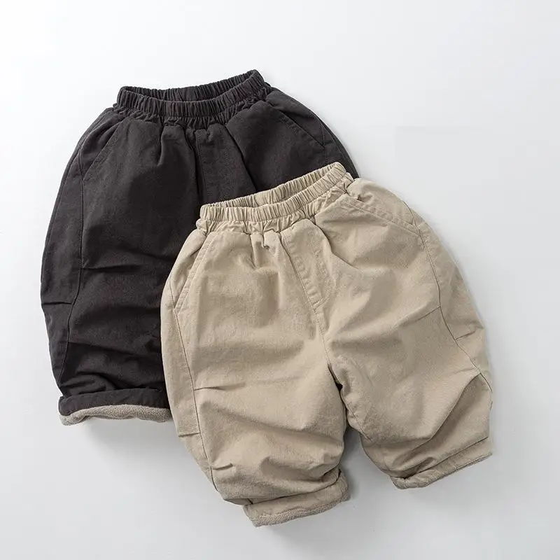 

2025 Winter New Children Fleece Trousers Solid Boys Plus Velvet Thick Casual Pants Baby Girls Warm Pants Cotton Kids Clothes