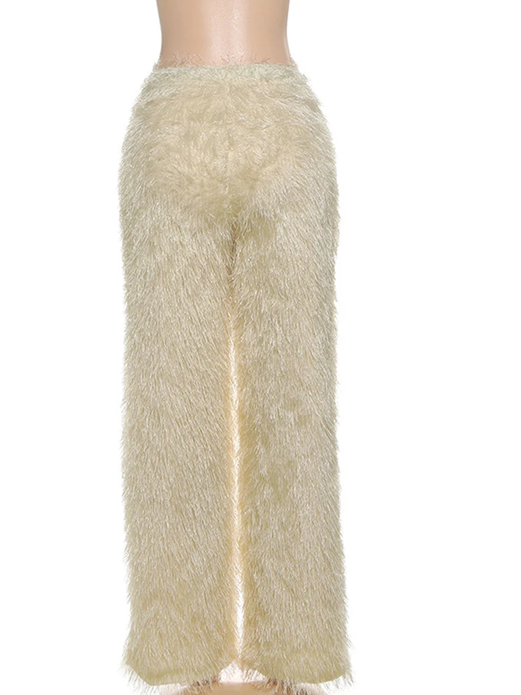 Kricesseen High Street couleur unie gland frangé jambes larges pantalon fausse fourrure pantalon femmes taille haute fourrure pantalon tenue de nuit