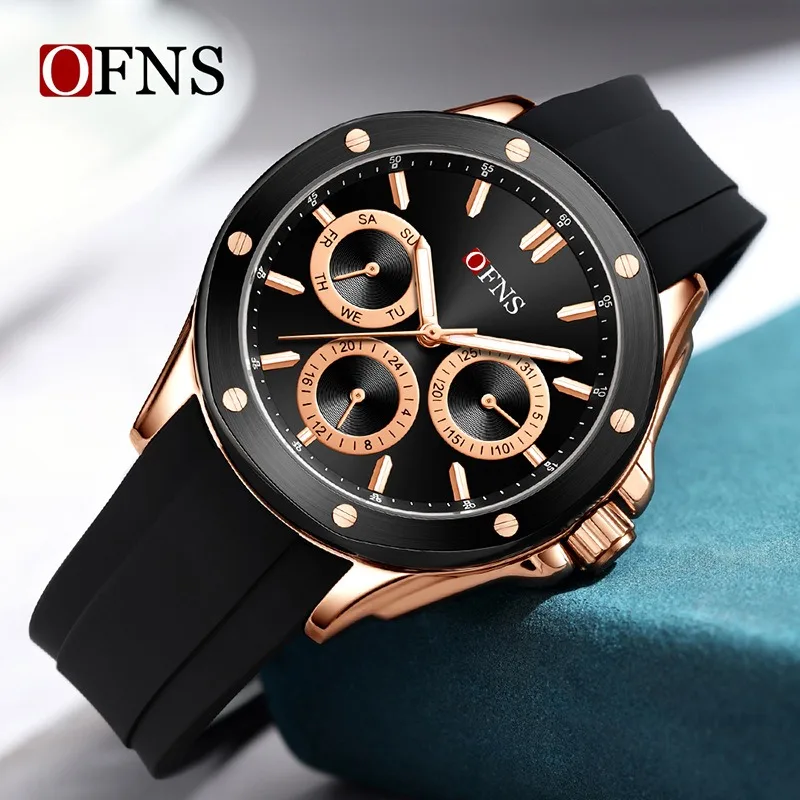 

OFNS 1612, модные роскошные спортивные силиконовые кварцевые мужские часы, многофункциональные водонепроницаемые светящиеся часы с календарем для мужчин Часы