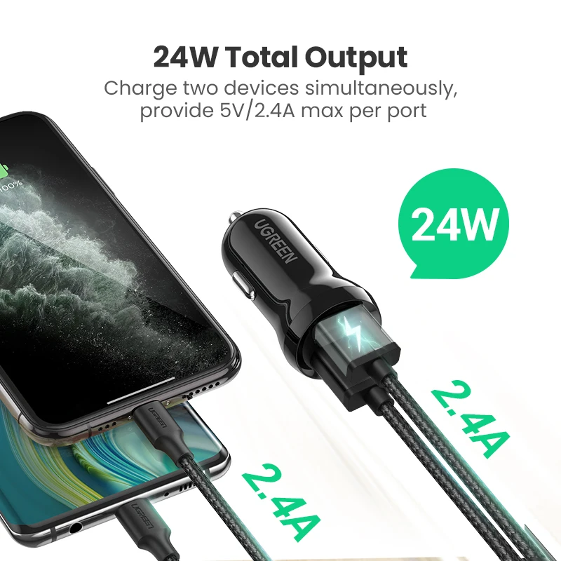 UGREEN Mini 4.8A USB Car Charger For Mobile Phone Tablet GPS Fast Charger Car-Charger Dual USB Car Phone Charger Adapter in Car