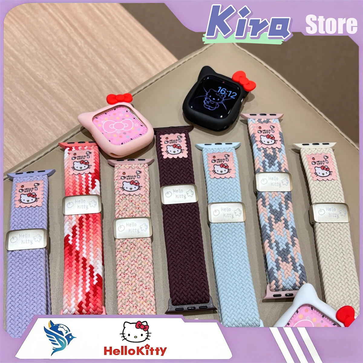 Correa de reloj de nailon elástica tejida HELLO KITTY, diseño de dibujos animados Kawaii, compatible con Apple Watch S11 Iwatchs9876s, funda protectora de silicona