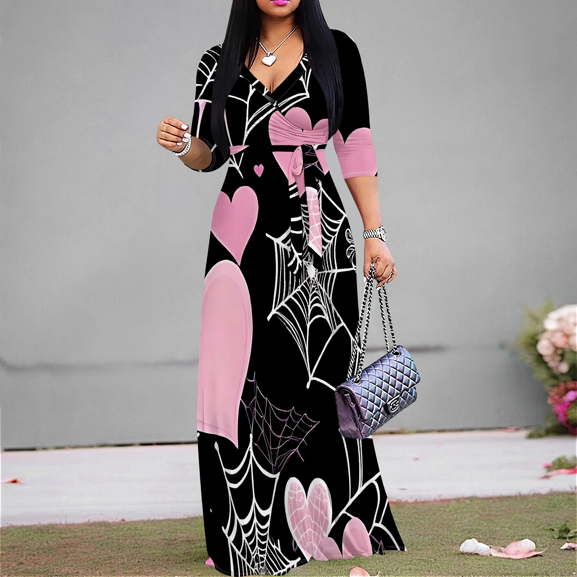 

Women's Short Sleeve Sexy V Neck Loose Boho Long Dress Fashion Printed Split Hem Club Party Casual Vacation Maxi Dress
