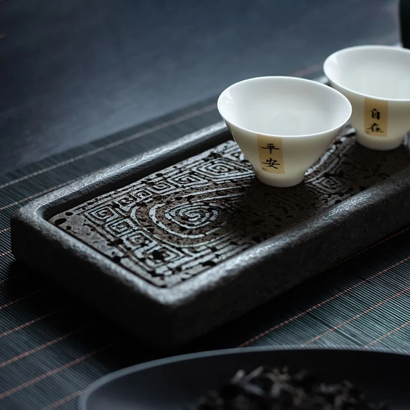 Dragon Totem Tea Tray 38x12cm Natural Black Basalt Handcarved Kung Fu Tea Ceremony Oriental Zen Art Home Office Decor