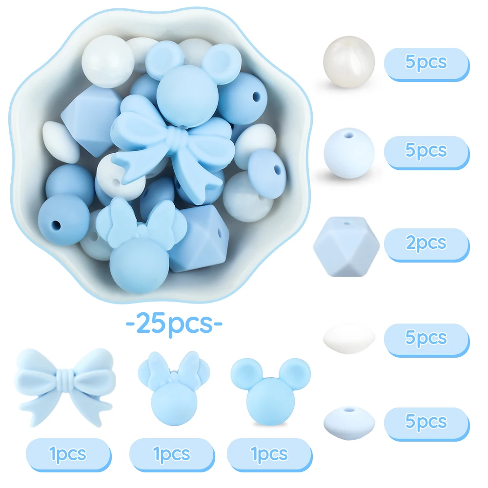 25Pcs/set Silicone Beads Butterfly Clips Set Pacifier Chain Cartoon Animal Shape Diy Toys Teething Beads Newborn Accessories