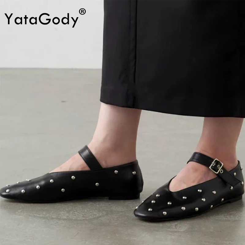 

YATAGODY Size 34-43 Rivets Ballet Flats Shoes For Women Soft Leather Mary Jane Ballerinas Buckle Strap Spring Summer Fashion