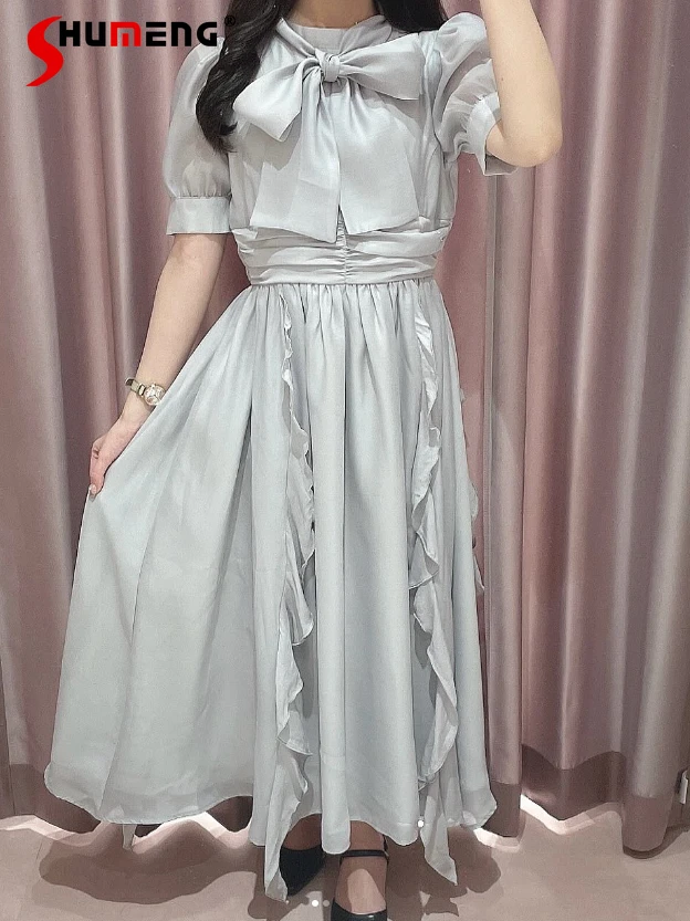 

Japanese Style Elegant Sweet Lace-up Bow Short Sleeve Ruffles Streamer Splicing High Waist Slim A-line Long Dress Women Summer