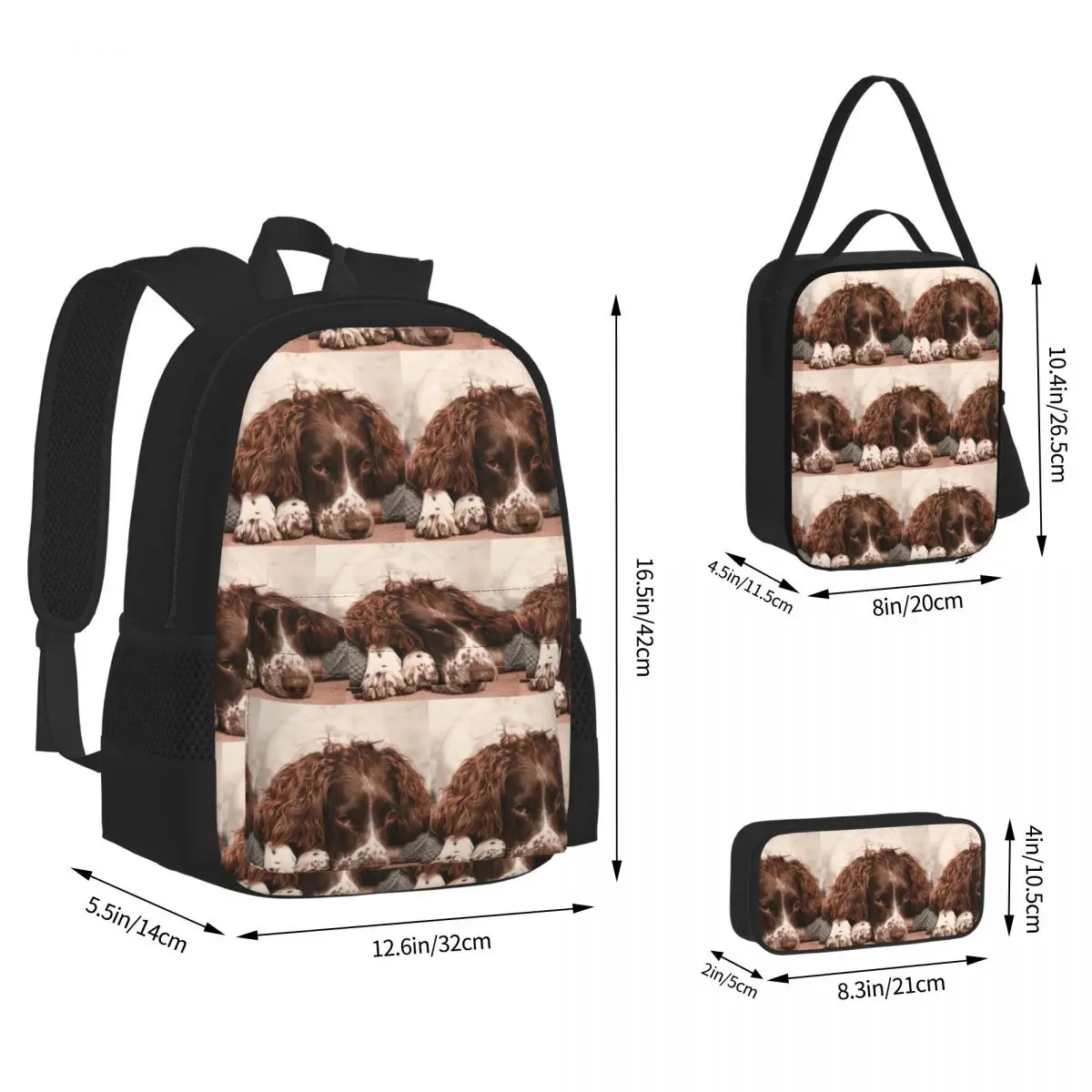English Springer Spaniel Backpacks Boys Girls Bookbag School Bags Rucksack Lunch Bag Pen Bag Three-Piece Set