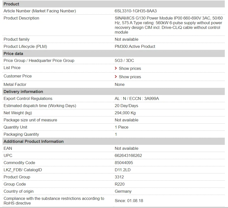 1 Year Warranty AC Drive Inverter Variable Frequency Drivers 6SL3310-1GH35-8AA3 S120 560KW Single-axis Drive Systems