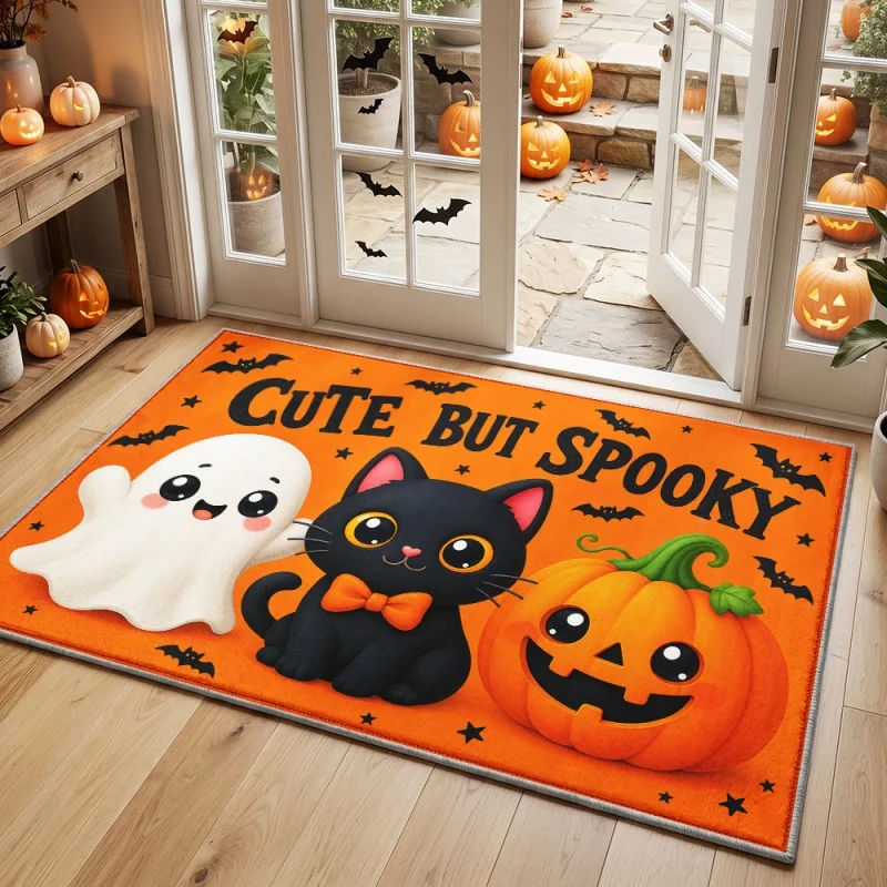 Cute But Spooky Ghost Black Cat Pumpkin Halloween Doormat Non Slip Front Door Holiday Entrance Floor Mat