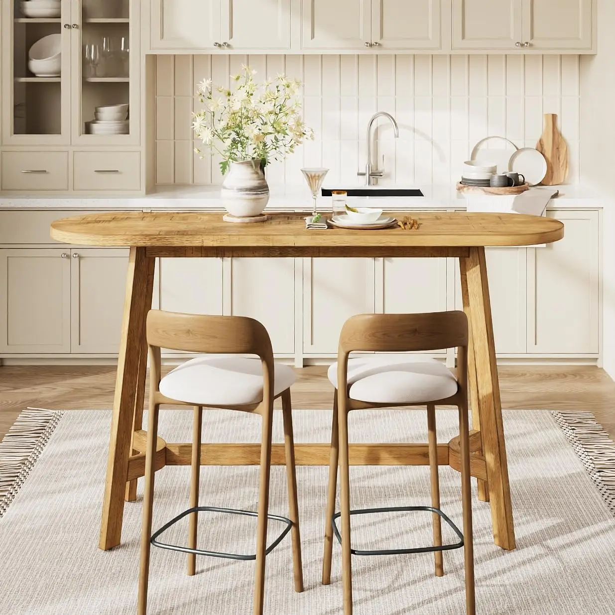 

Овальный барный стол из массива дерева в деревенском стиле, 63 дюйма, с подставкой для ног, высота 37,4 дюйма, для кухни, столовой, гостиной, домашнего бара