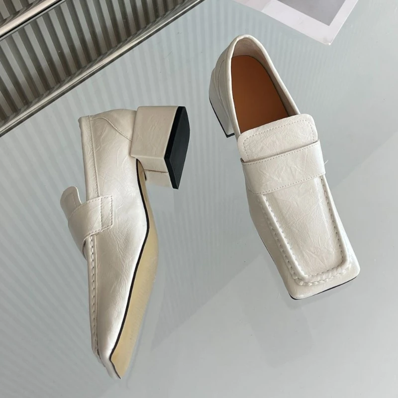Concise Square Toe Chunky Heel Designer Women Pumps British Style Soft Leather Loafers Comfortable Office Formal Shoe for Ladies