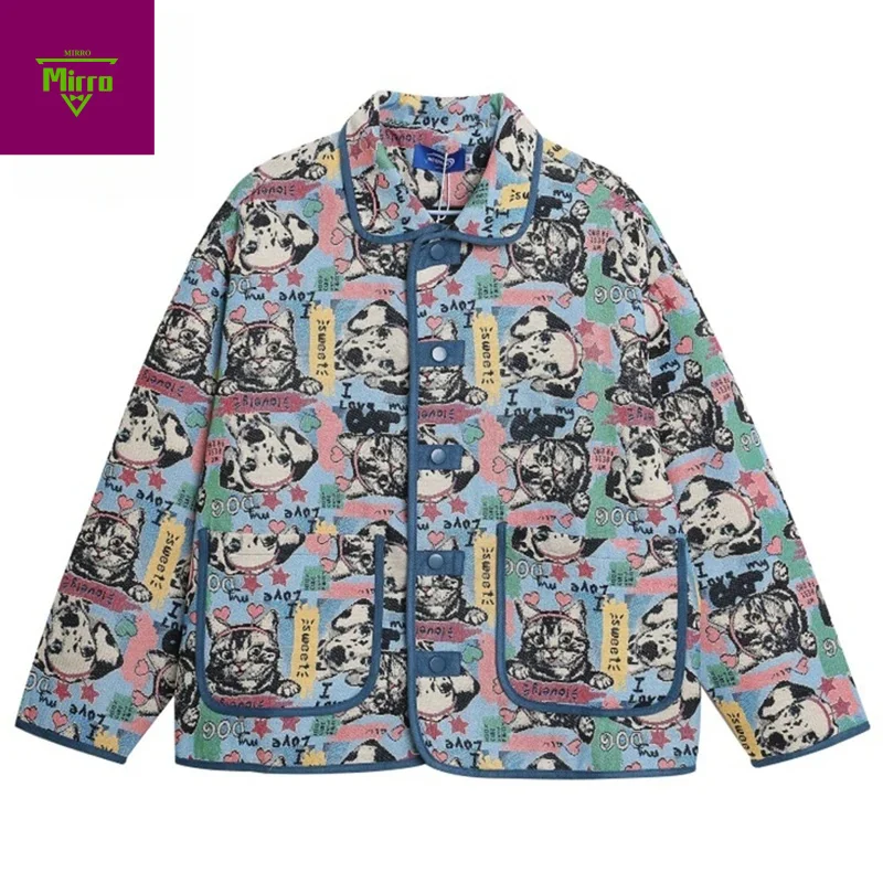 

【Mirrordust】Винтажные мужские куртки с рисунком кота, большие куртки Kni, повседневные свободные пальто, уличная одежда, куртки в стиле Харадзюку в стиле хип-хоп