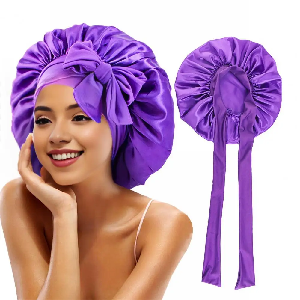 

Women Shower Cap Sleeping Satin Bonnet Lace-up Bow Waterproof Women Braids Curly Night Hat Beauty Parlor Cap Salon Hat 샤워모자