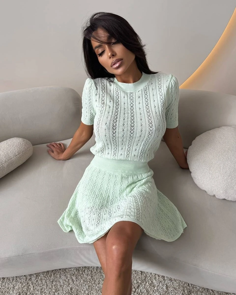 Fashionable Hollow out Knitted Top And High Waist Skirt Set Women's Summer Outfit Short Sleeve Two-Piece Set  Color