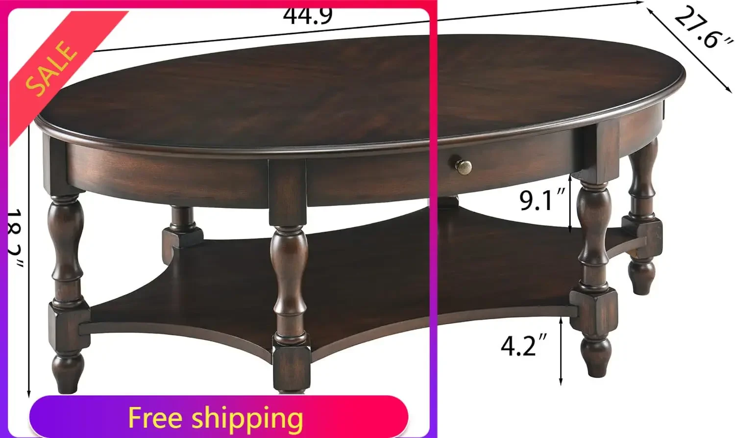 Oval Coffee Table for Living Room, 2-Tier Solid Wood Table with Storage Drawer, Victorian Antique Ellipse 45