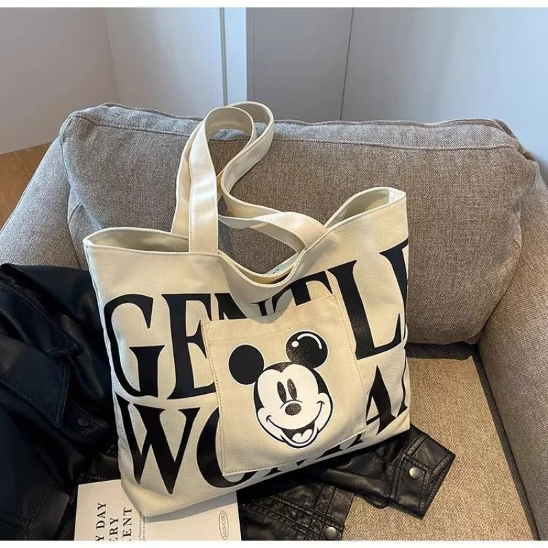 Disney Mickey การ์ตูนขนาดใหญ่ความจุกระเป๋าผู้หญิงใหม่แฟชั่นผ้าใบอเนกประสงค์ Tote กระเป๋า Casual OUT ไหล่ Satchel