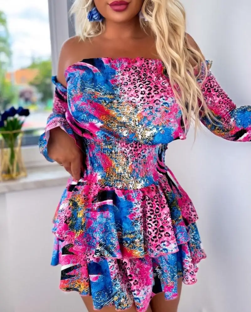 Elegant Women's Dresses Casual Leopard Zebra Stripe Print Shirred Off Shoulder Romper High Waisted Tribal Style Midi Short Dress