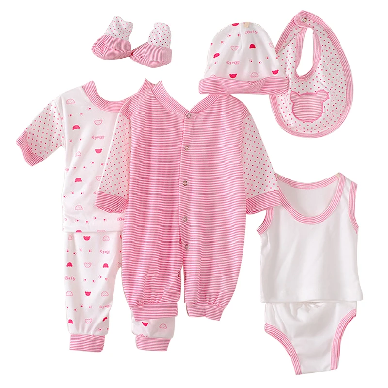 8Piece Spring Summer Newborn Girls Clothes Boys Outfit Set Casual Dot Stripe Long Sleeve Pink Jumpsuit Rompers Baby Stuff BC1002