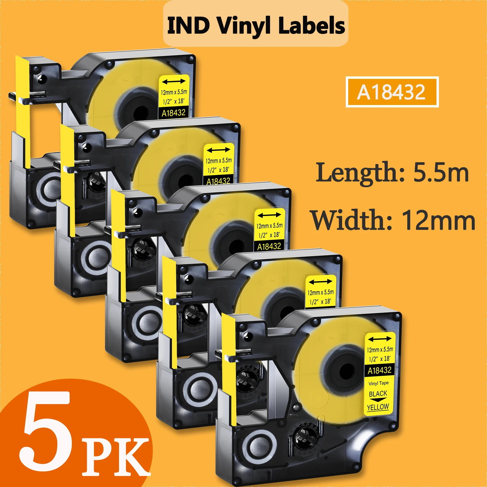 

5 PK IND Vinyl Labels 12mm 18432 Label Tape Black on Yellow Compatible With Dymo Rhino 1000 Rhino 5000 Rhino 5200 Label Printers