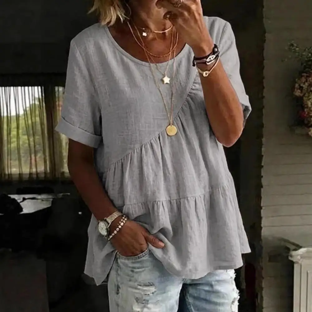 

Хлопковая футболка с коротким рукавом и круглым вырезом, с рюшами, женская, летняя, повседневная, однотонная, элегантная блузка, уличный стиль, 2026