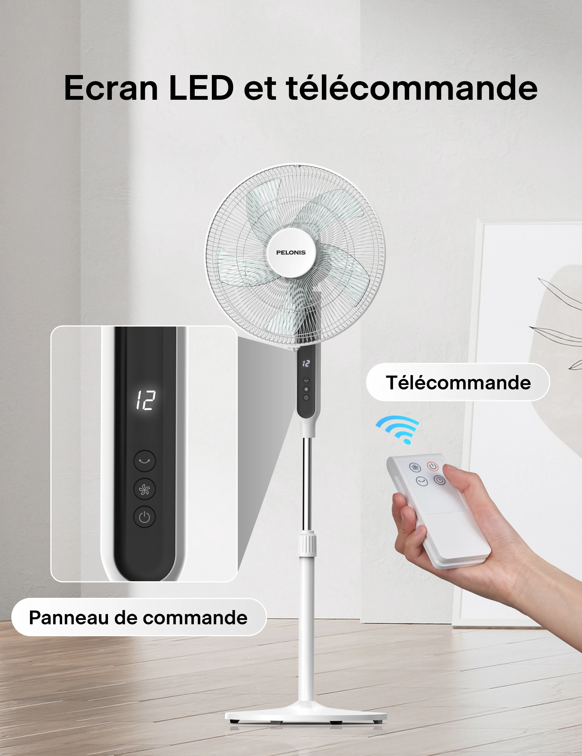 Midea PELONIS Quiet Floor Fan with Remote Control, 16 Inch DC Motor Fan with 85° Oscillation, Height Adjustable, 12 Speed Levels